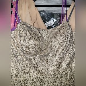 NWT City Triangles gold sequin spaghetti strap dress w/thigh high slit. Size 11